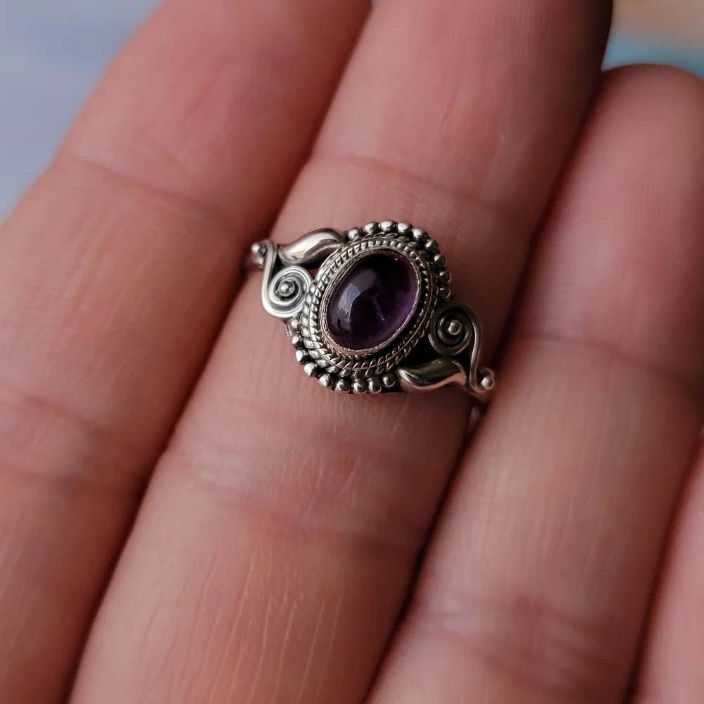 Amethyst Sterling Silver Dahlia Ring Oval Cabochon Filigree Crystal Gemstone